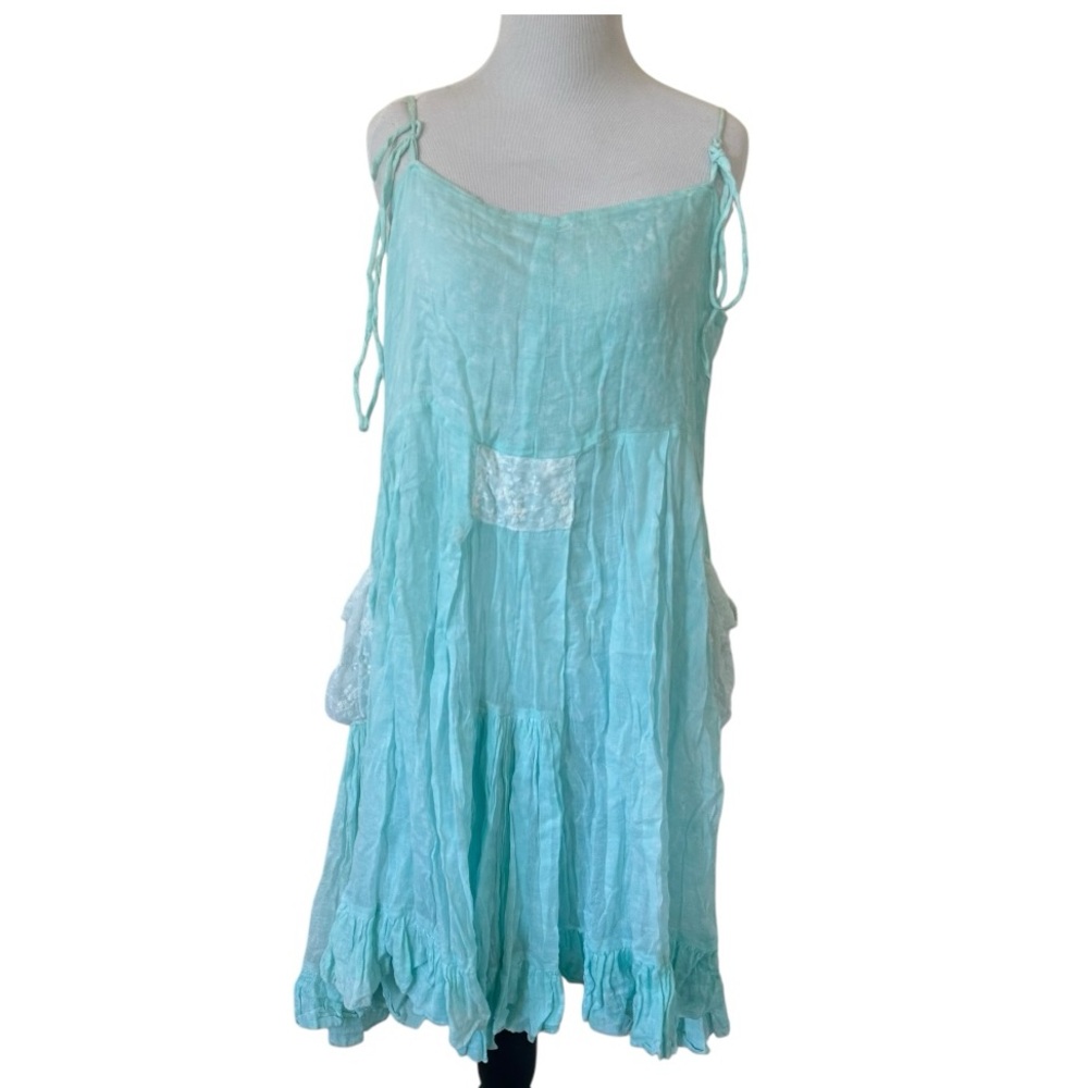 Boho Light Blue Shirt Dress White Lace Pockets L/XL Summer 100 % COTTON 🔥